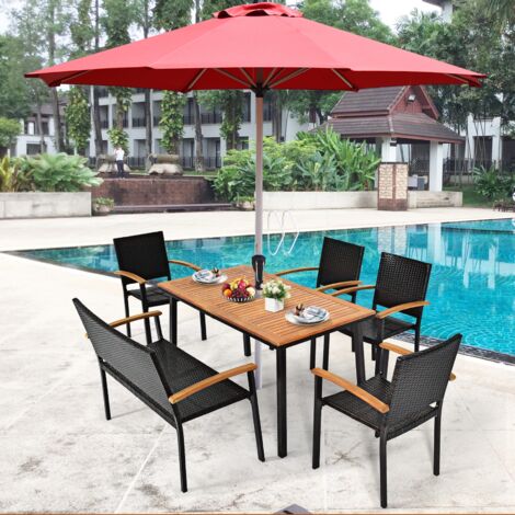Maisonchic – Table de jardin en bois d'acacia 6-8 personnes – Trou de parasol 4,5 cm – Cadre en acier – Dimensions 140x75x76 cm
