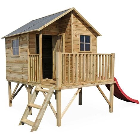 Maisonnette avec toboggan en bois FSC de 3,8m², Orchidée -  cabane sur pilotis en pin autoclave