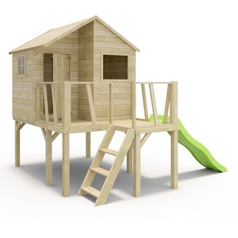 Maisonnette bois sur pilotis avec toboggan VICTOR - 3 enfants