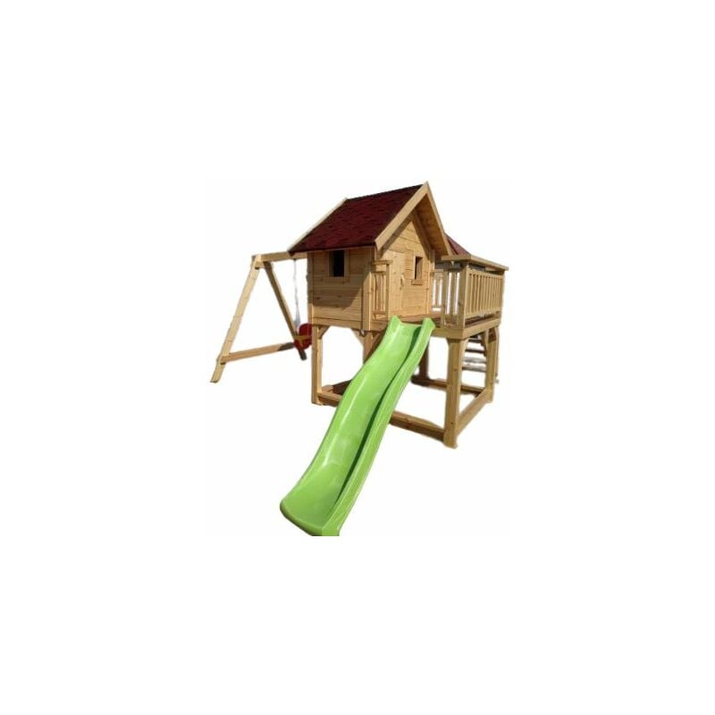 Maisonnette de jardin en pin massif, cabane de jeux pour enfants sur pilotis avec toboggan et balançoire shingle rouge 1,80m x 4.20m (structure