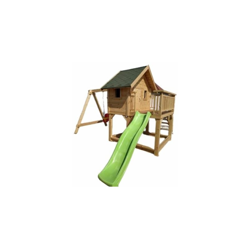 Drole De Cabane - Maisonnette de jardin en pin massif, cabane de jeux pour enfants sur pilotis avec toboggan et balançoire shingle vert 1,80m x 4.20m