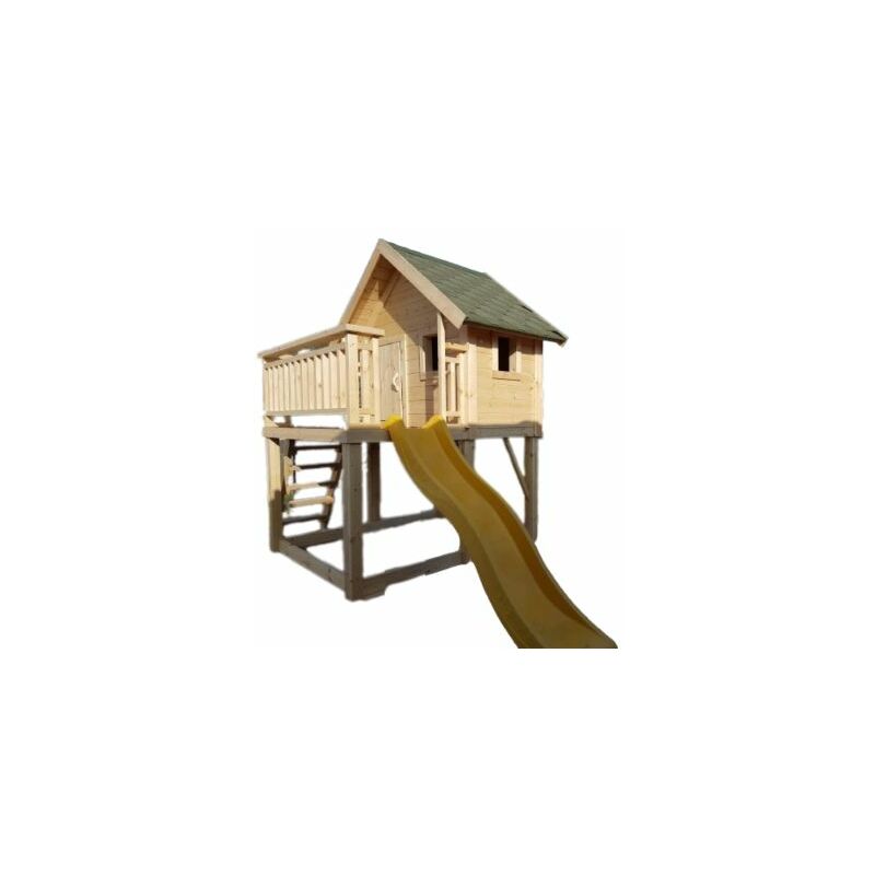 Maisonnette de jardin en pin massif, cabane de jeux pour enfants sur pilotis avec toboggan shingle vert 1,80m x 2,09m x h 2,95m, env 2.5m2