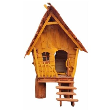 Maisonnette de jardin enchantée en bois massif / cabane de jeux pour enfants sur pilotis, bois massif jaune ou grise, 1,20m x 2,10m