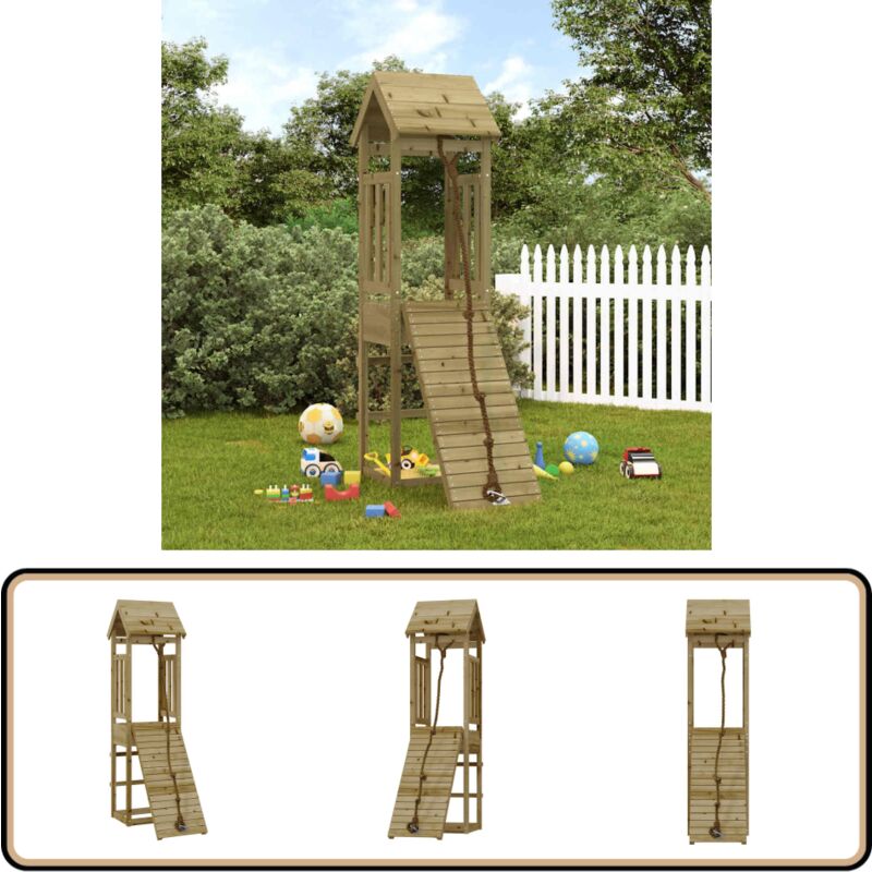 Maisonnette de jeu avec mur d'escalade bois de pin imprégné - Maison De Jeu En Bois - Aire De Jeux Extérieur - Jouet Enfant - Toboggan - Balançoire