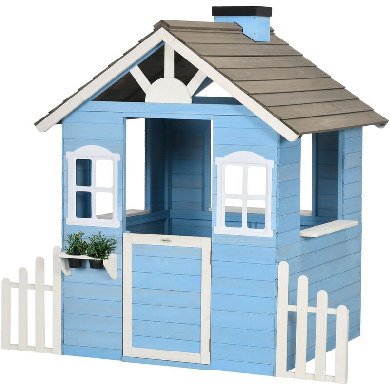 Maison de jeux enfant - jeu plein air maisonnette enfant - dim. 151L x 112l x 142H cm - bois sapin bleu blanc gris