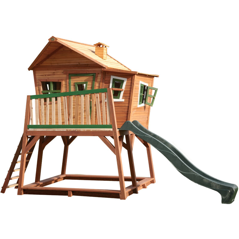 Max Maison Enfant avec Bac à Sable & Toboggan vert Aire de Jeux pour l'extérieur en marron & vert Maisonnette / Cabane de Jeu en Bois fsc - Marron