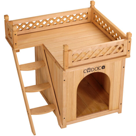 Maison pour chats en bois de pin 65x55x54cm – 2 étages avec échelle et balcon – Niche pour chiens et chats – Résistante aux intempéries – Cadoca