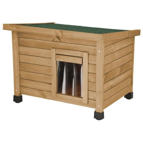 Maisonnette pour chat en sapin de Virginie – Porte battante à lattes résistante au vent – Dimensions 57x42x45cm – Pour intérieur et extérieur – Kerbl