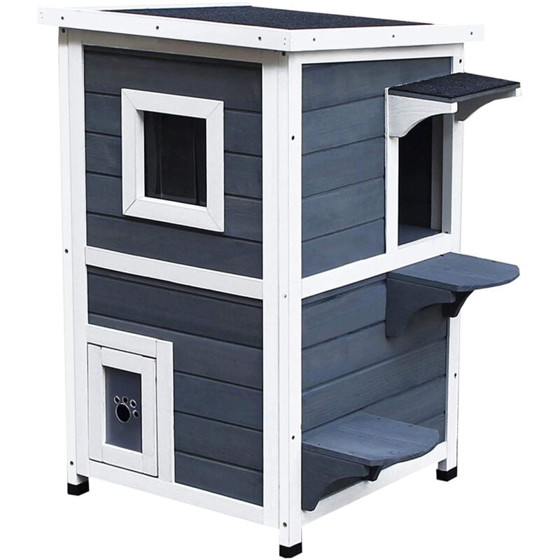 Maisonnette pour chat sur pied 2 niveaux - toit ouvrant bitumé - bois sapin pré-huilé peint gris blanc