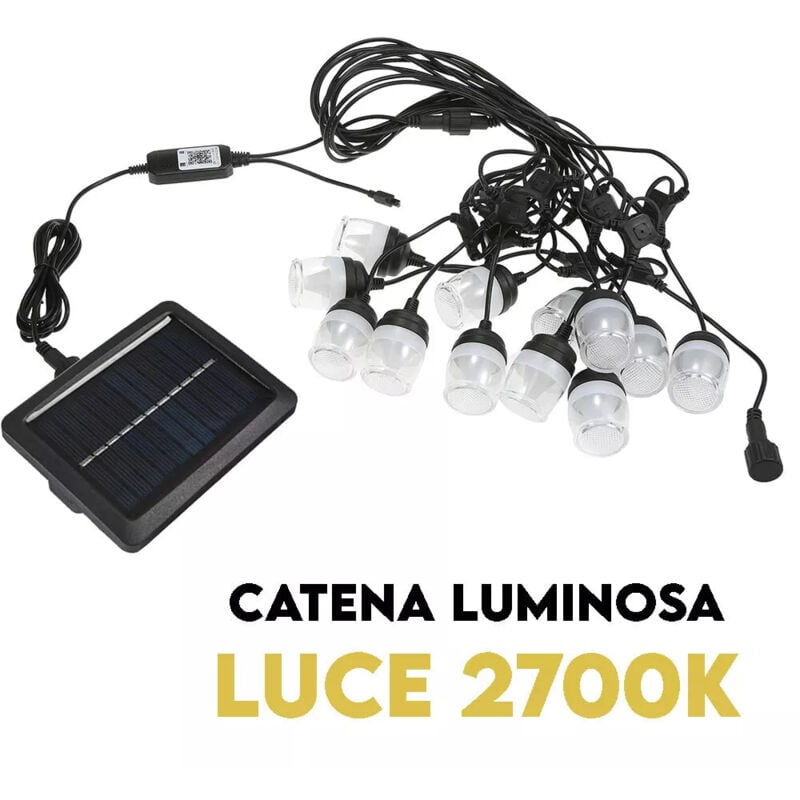 Image of Catena di luci ad energia solare per esterni giardino, sfere di cristallo 12 lampadine, 12 metri cordoniera con pannello solare, impermeabile IP65,