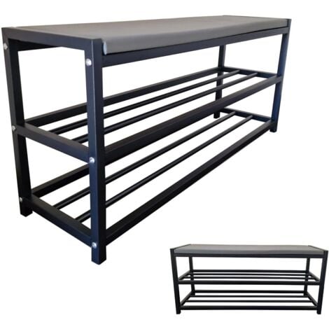 MAKA Scarpiera Salvaspazio Slim, 90 cm, 2 Ripiani in Metallo Nera, Organizer per Scarpe Diverse Misure, con Panca Seduta, Ideale per Ingresso e Camera da Letto