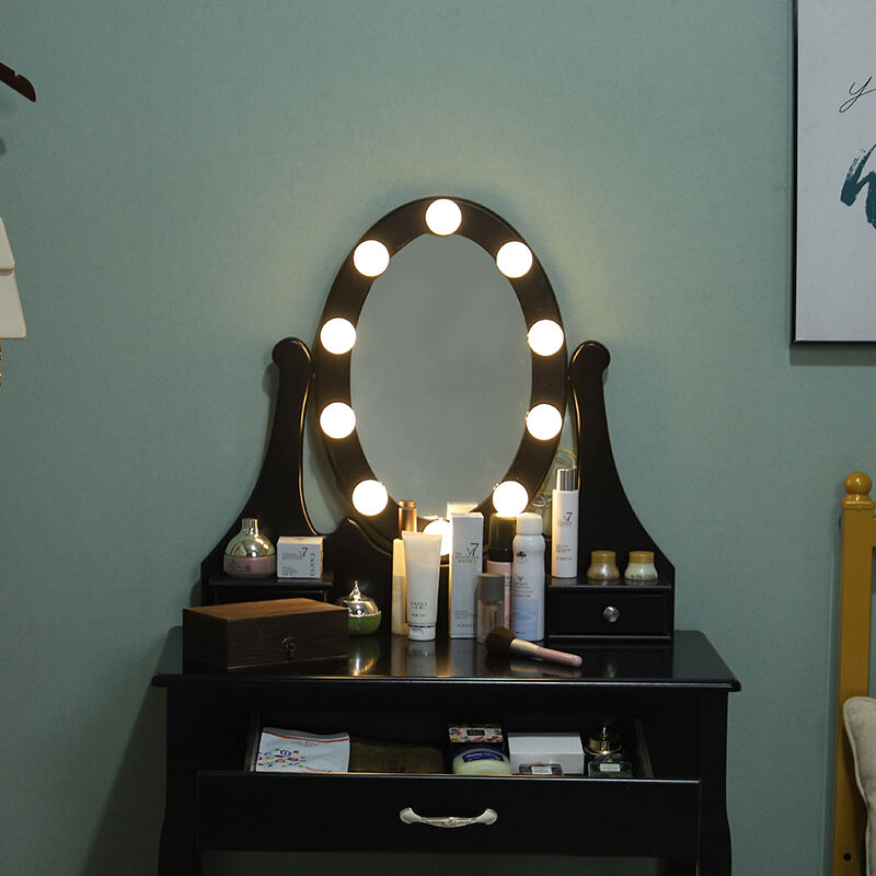 Make-up-Organizer, Schminktisch mit 10 LED Beleuchtung, Spiegel und Hocker, Frisiertisch in 3 Farben, Kosmetiktisch und 3 Schubladen, Kommode