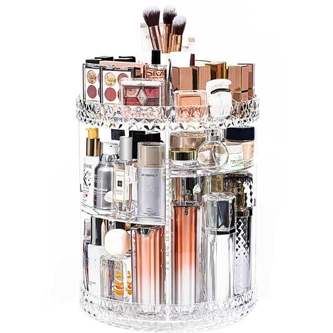 PESCE Makeup Organizer, 360 Degree Rotating Cosmetic Storage Organizer, Adjustable Makeup Display Case, Fits Makeup Brushes and Lipsticks, Clear Acrylic