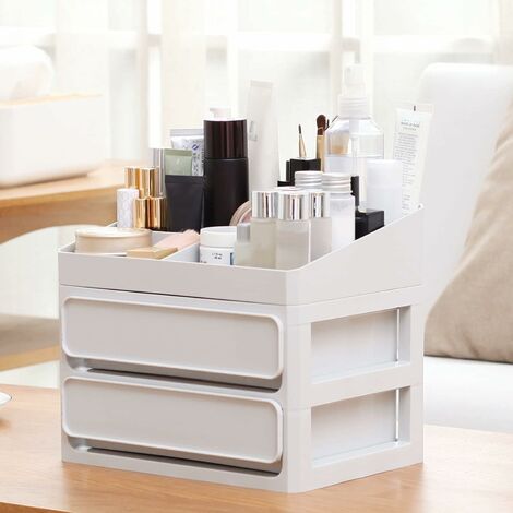 main image of "Makeup Organizer, Cosmetics Jewelry Box Storage Tray with Drawers, Plastic Makeup Storage Drawer Dresser for Dresser, Bedroom (White)"