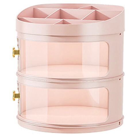 Makeup Perfume Organizer Transparent Dustproof Cosmetic Display Case Round Desktop Makeup Box with Lid Large Capacity Muti Layer Pink