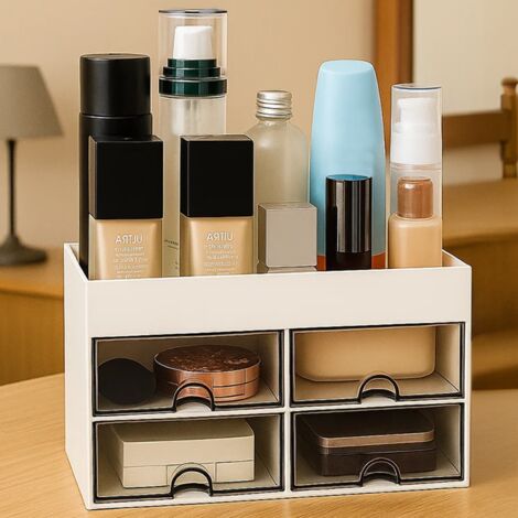 Makeup Storage Box 21x14.5x12.5cm with 4 Drawers and 4 Compartments Desk Organiser Space Saving Desk Organiser Drawers for School Office Home Makeup Desk Supplies