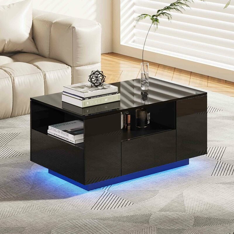 Table Basse led / Design Table de Salon avec Tablette de Rangement et tiroirs - Noir Brillant - Makika