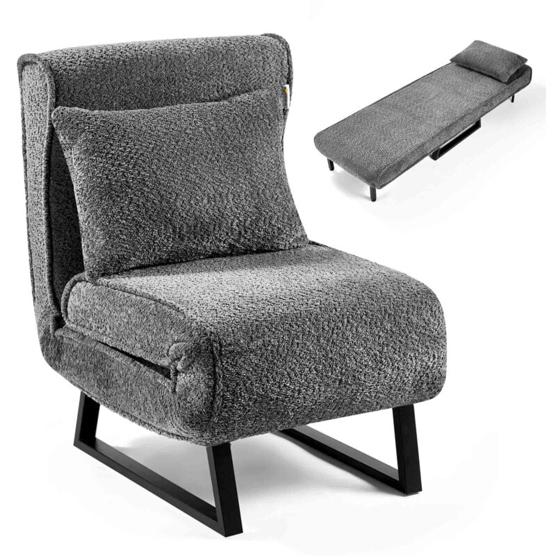 Fauteuil Convertible Lit Lea Tissu Bouclette Pliable en Gris - Makika
