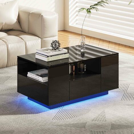 Makika Table Basse LED / Design Table de Salon avec Tablette de Rangement et tiroirs - Noir Brillant