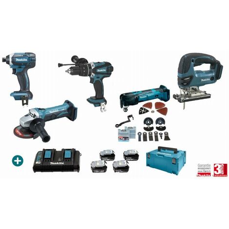 MAKITA 18V 4 Batterien 5Ah + Doppel-Ladegerät + Bohrschrauber DHP458 + Schlagschrauber DTD152 + Schleifmaschine DGA452Z + Stichsäge DJV180Z + Trennschleifer DTM51ZJX3 - LMK13