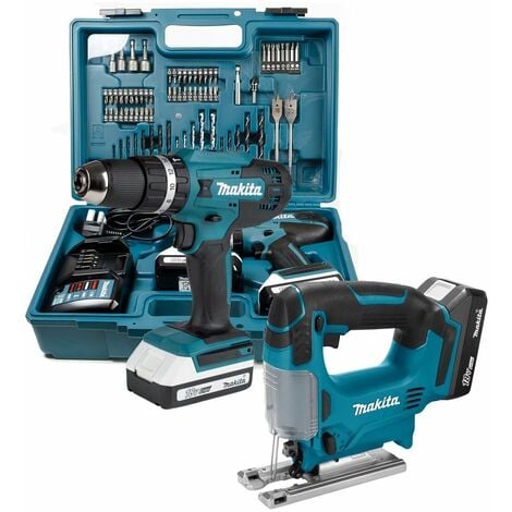 Makita 18v Cordless Combi Hammer Drill Driver & Jigsaw Twin Pack + 74 piece Set