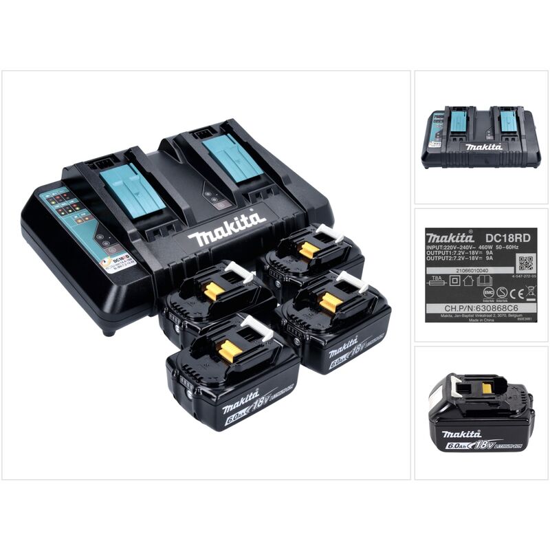 Makita Power Source Set de 2 Batteries BL1860B 6,0Ah 18V + Chargeur rapide double DC18RD (196933-6)