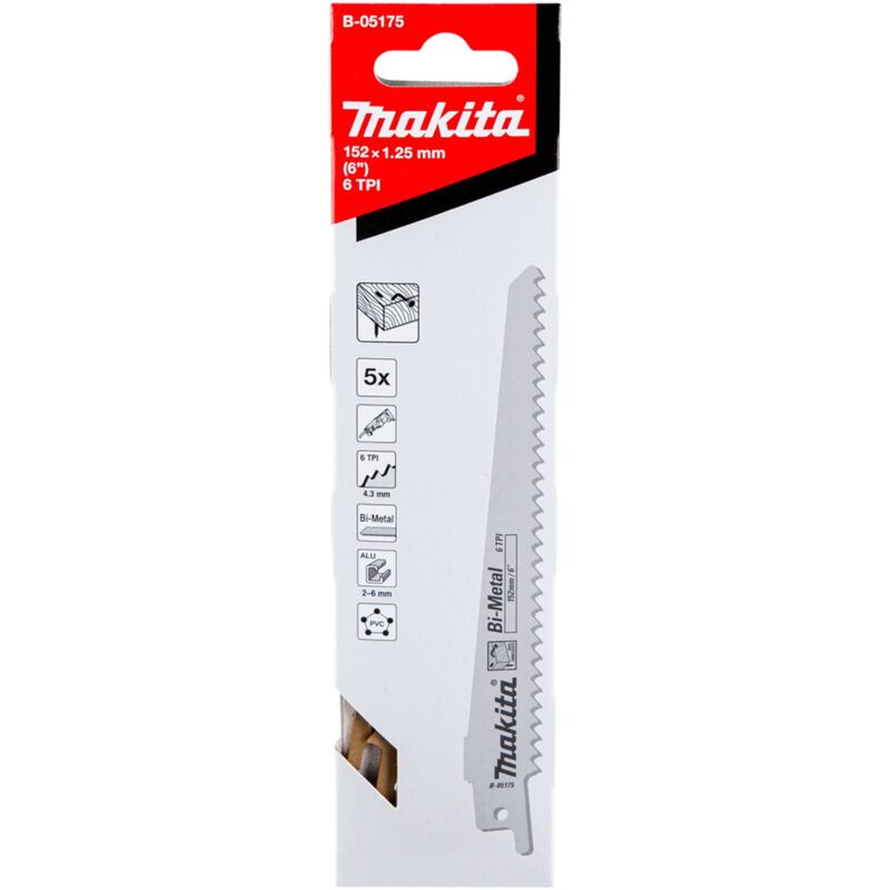 Makita Accesorios - Juego de hojas de sierra 6 TPI, longitud 152 mm, 5 piezas B-05175