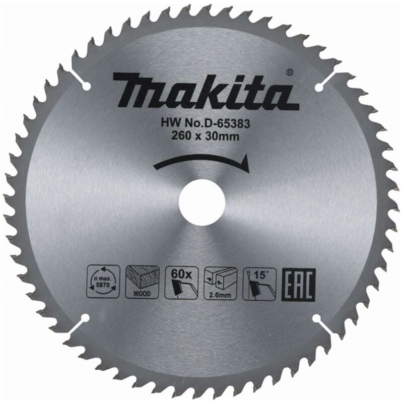 Makita - Accessoires - Lame de scie circulaire à bois 260x30 mm, 60 dents D-65383