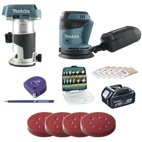 Makita Akku Exzenterschleifer 18V DBO180Z + Schleifscheiben Set 4-teilig K60/80/120/180 + Akku-Einhandfräse 18V DRT50Z, + Fräser 12-teilig, + 1x Akku 18V