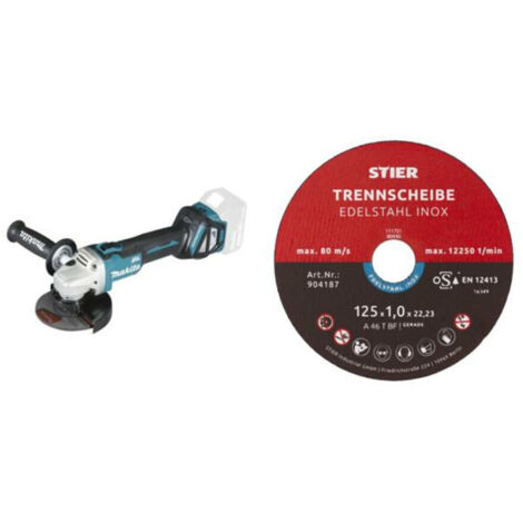 Makita Akku-Winkelschleifer DGA511Z, Solo-Version + Edelstahl-Trennscheibe 125 x 1,0 x 22,23 mm, Form gerade