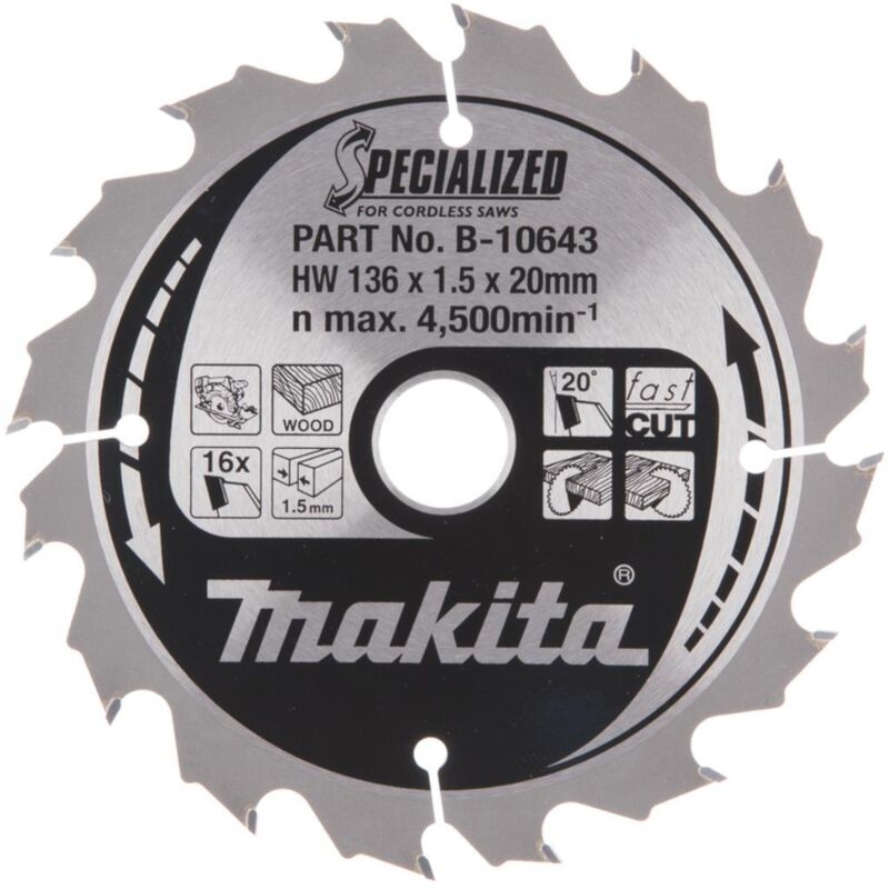 Lame carbure ''Specialized'' Bois MAKITA B 10643 pour scies circulaires 136mm x 20mm - vue 4