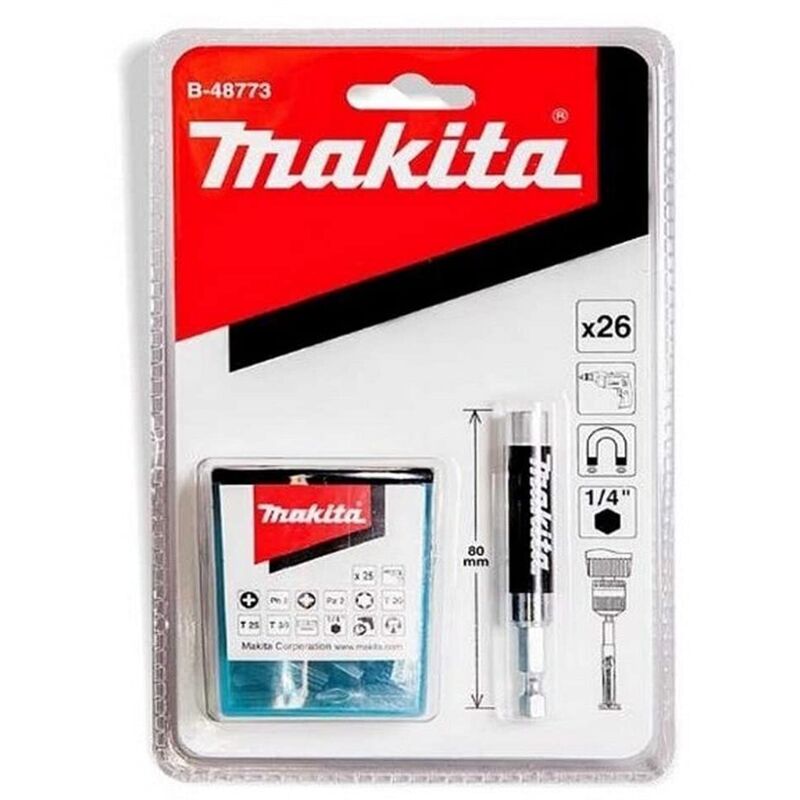 Portapuntas magnético Makita con casquillo deslizante, 80 mm, incl. juego de puntas de 25 piezas 1/4 - 80mm - 26 piezas