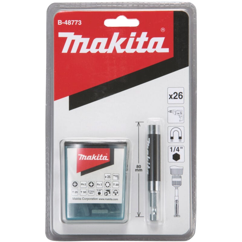 Portabit magnetico Makita con manicotto scorrevole, 80 mm, incl. set di bit da 25 pezzi 1/4 - 80 mm - 26 pezzi
