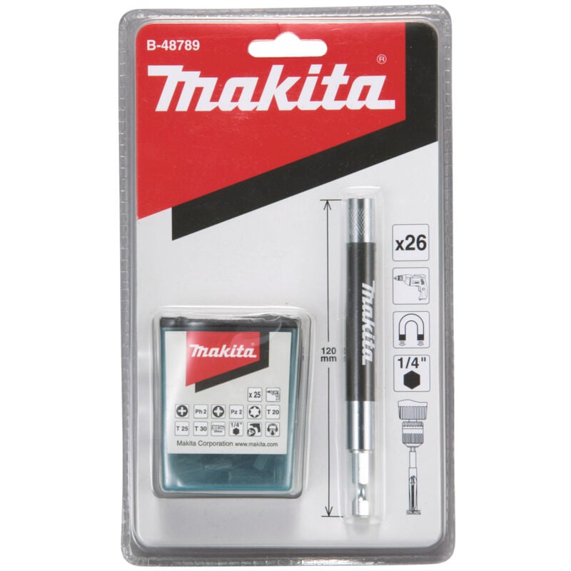 Portabit magnetico Makita con manicotto scorrevole, 120 mm, incl. set di bit da 25 pezzi 1/4 - 120 mm - 26 pezzi