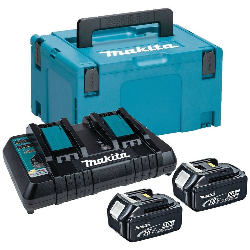 BL1850 18v 2 x 5.0ah Lithium Batteries DC18RD Dual Port Charger + Makpac - Makita