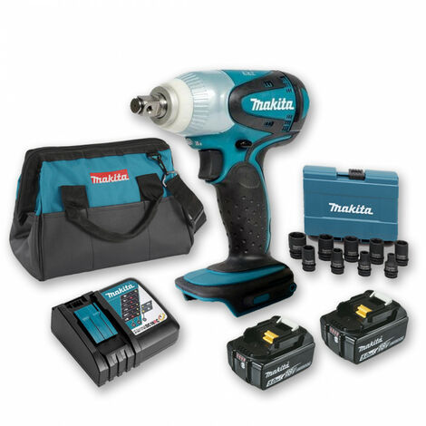Makita – Boulonneuse à chocs 18V 230Nm – 2 batteries 5Ah – Moteur à 4 pôles – Coffret 9 douilles pour serrage M10-M16 – Éclairage LED intégré - DTW251
