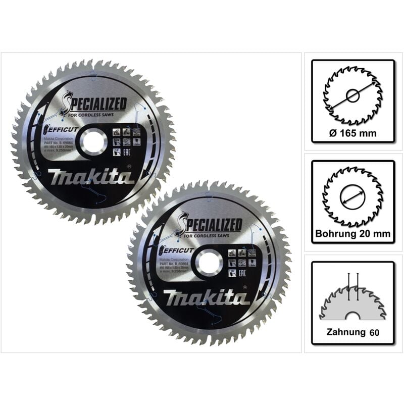 Makita - CMSF16560E specialized efficut Lame de scie pour le bois 165 x 1,85 x 20mm - 60 dents - 2 pcs. (2x B-69864)