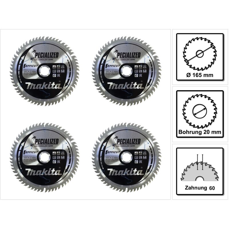 Makita - CMSF16560E specialized efficut Lame de scie pour le bois 165 x 1,85 x 20mm - 60 dents - 4 pcs. (4x B-69864)