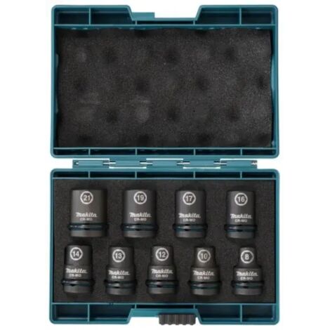 Makita – Coffret de 9 douilles 1/2'' pour boulonneuses à choc – Diamètres 8 à 21 mm – Résistance 20 % supérieure – Goupilles et O'Ring inclus - E-16570