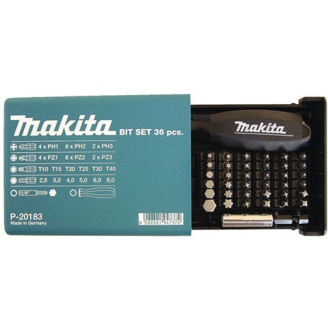 Makita – Coffret d'embouts 38 pièces – 36 embouts de 25 mm – Empreintes PH, PZ, T, HEX – Pour vissage précis – P20183