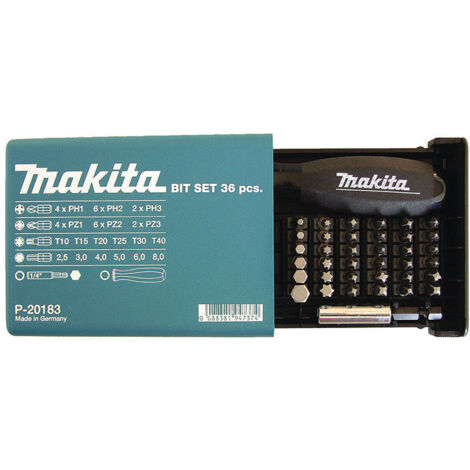Makita – Coffret d'embouts 38 pièces – 36 embouts de 25 mm – Empreintes PH, PZ, T, HEX – Pour vissage précis – P20183