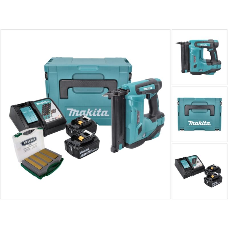 Dbn 500 rtj Cloueuse sans fil 18 v 15-50 mm 90° + 2x Batteries 5,0 Ah + Chargeur + Coffret MakPac + Clous J-Box 8000 - Makita
