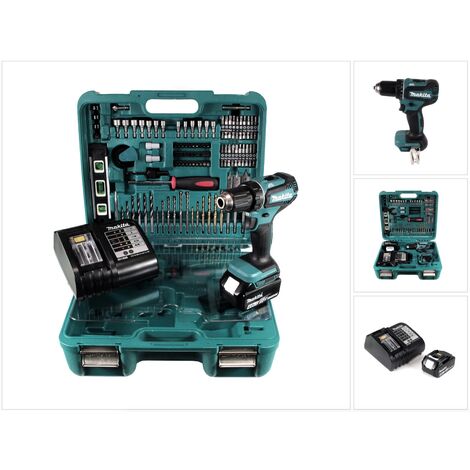 Makita DDF 485 STTK Taladro atornillador a batería 18V en maletín de transporte con 101 accesorios + 1x Batería BL1850 5,0 Ah + Cargador DC18SD