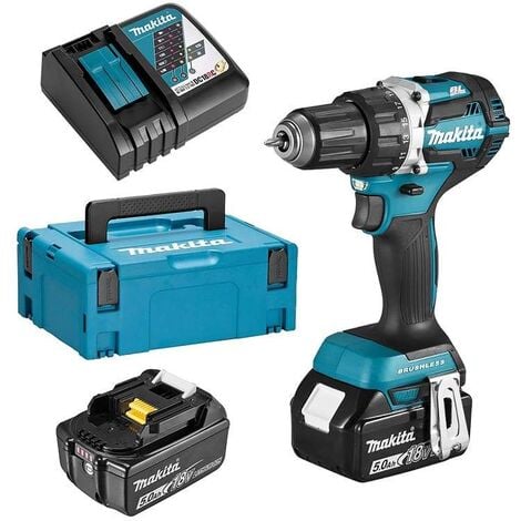 MAKITA 18V agli ioni di litio 5,0 Ah Ø 13 mm + 2 batterie, caricabatterie, valigetta - DDF484RTJ