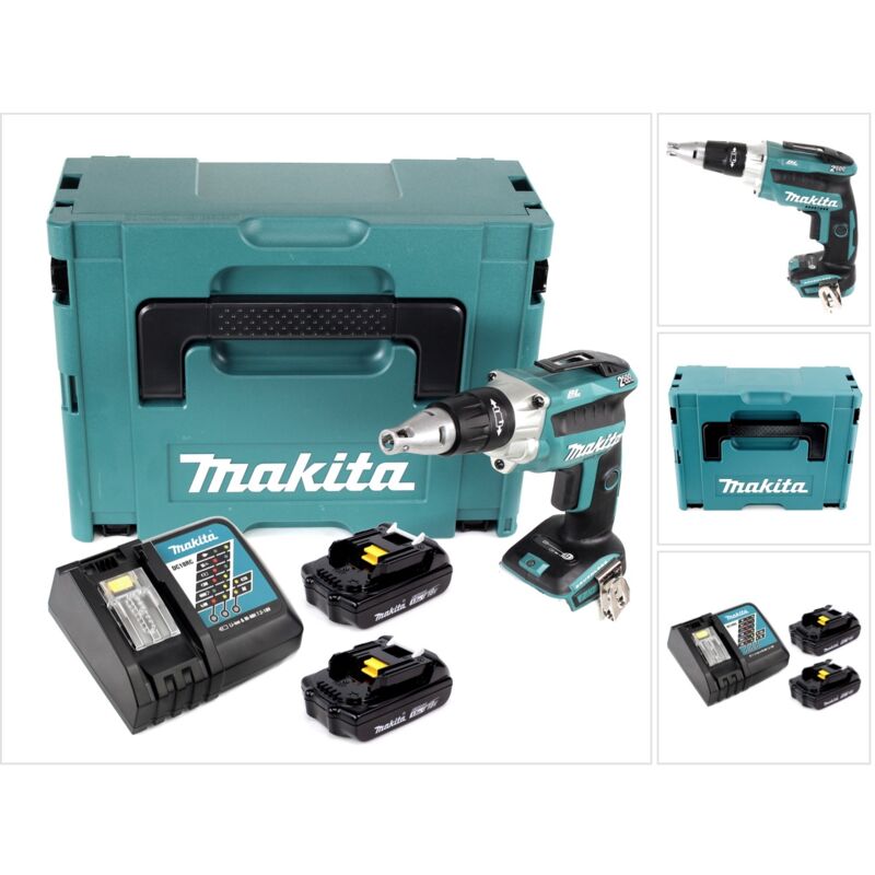 Makita DFS 250 RYJ Visseuse plaque de plâtre sans fil Brushless 18V + 2x Batteries 1,5 Ah + Chargeur + Coffret Makpac
