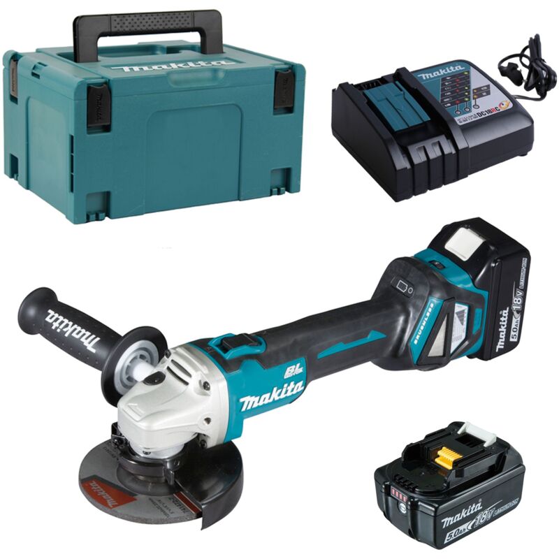 Smerigliatrice angolare a batteria Makita 18V DGA511RTJ 125mm con 2x 5,0 Ah + caricabatterie in makpac
