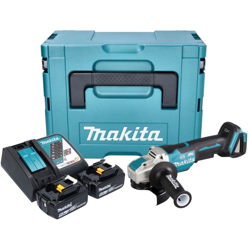 Dga 520 RTJX1 Meuleuse d'angle sans fil 18 v 125 mm x-lock Brushless + 2x batterie 5,0 Ah + chargeur + Makpac - Makita