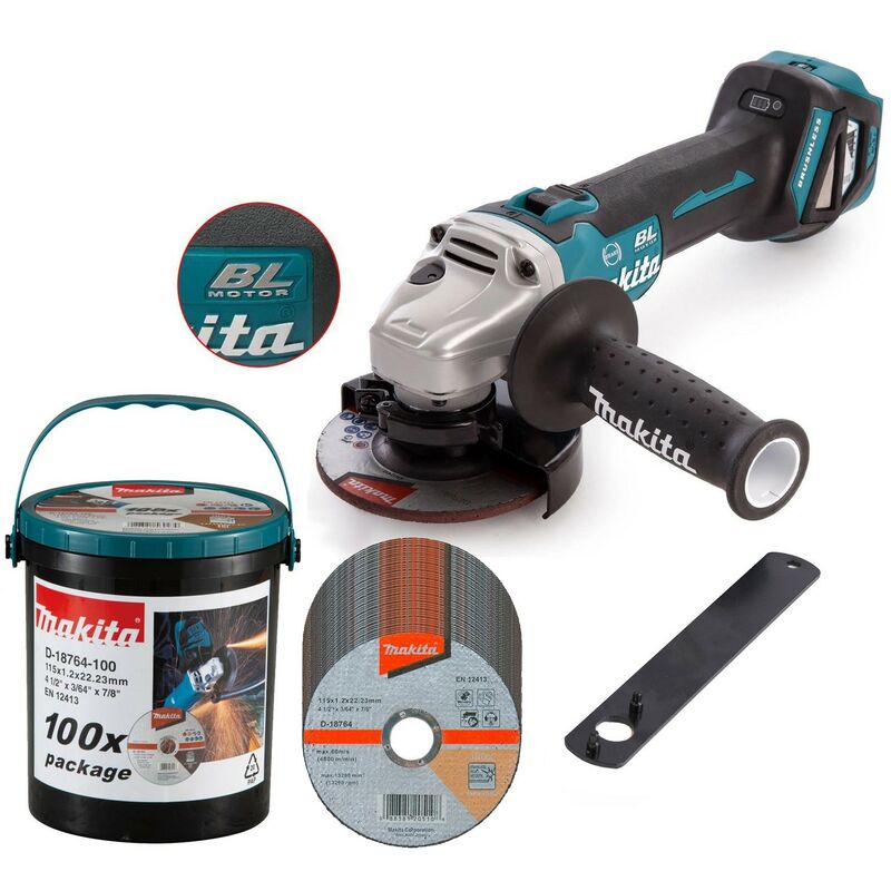 DGA463Z 18v Cordless Brushless 115mm Angle Grinder + 100 Thin Fast Discs - Makita