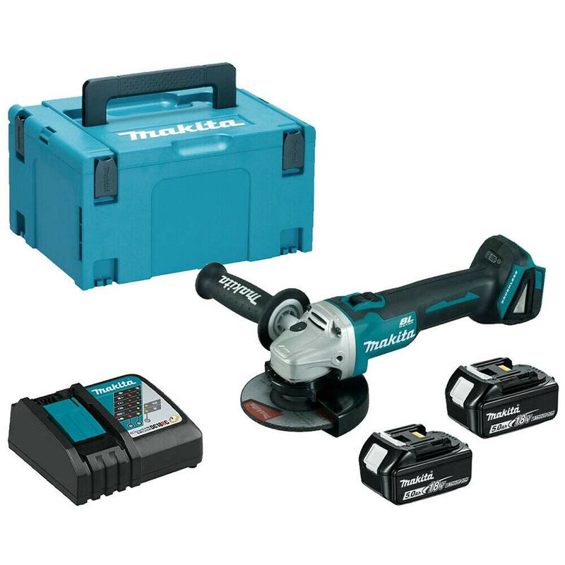 DGA506RTJ Cordless 18V Brushless 125mm Angle Grinder With 2x5Ah Batteries, Charger And makpac 3 Case - Makita