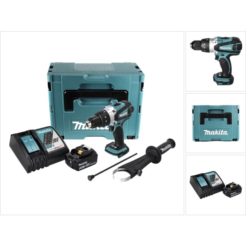 Makita DHP 458 RT1J Perceuse visseuse percussion sans fil 18V 91Nm + 1x Batterie 5.0Ah + Chargeur + Makpac 2